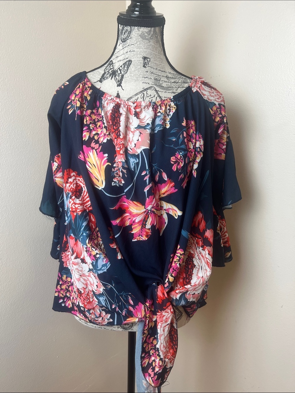 Floral Off Shoulder Tie Front Blouse Sz XL Boho Flowy Top